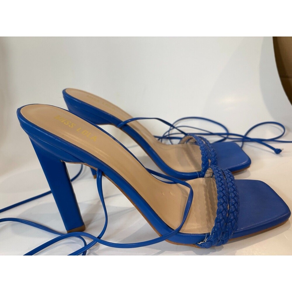 Miss Lola Women's Blue Strappy Lace Up Heels Size 9 Square Toe Sandals